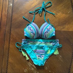 Shade & Shore Paisley Aztec Tribal Blue Turquoise pink Bikini 34B / M
